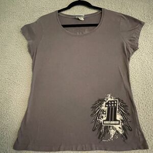 Harley Davidson Women Large #1 graphic vneck rhinestone accents gray Made in USA